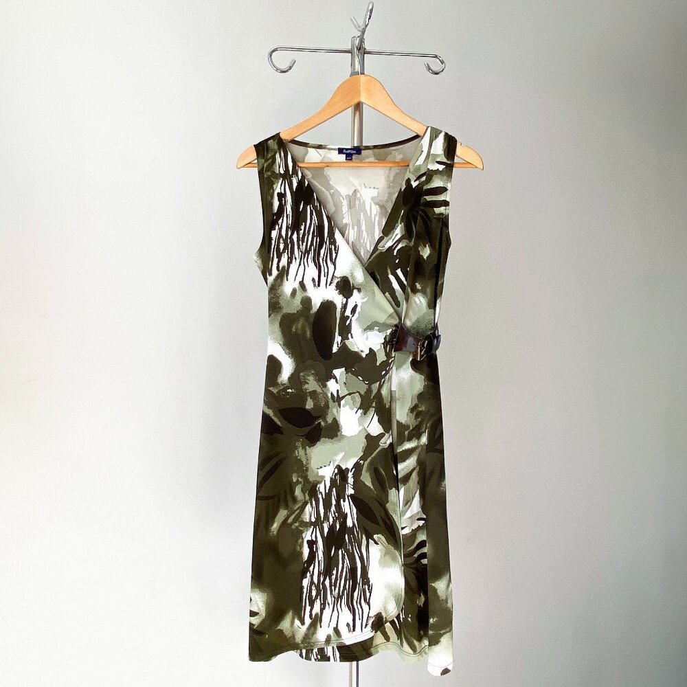 ☀️ Y2K Vintage Midi Dress – Green & Cream Abstract Print with Buckle Detail / Si